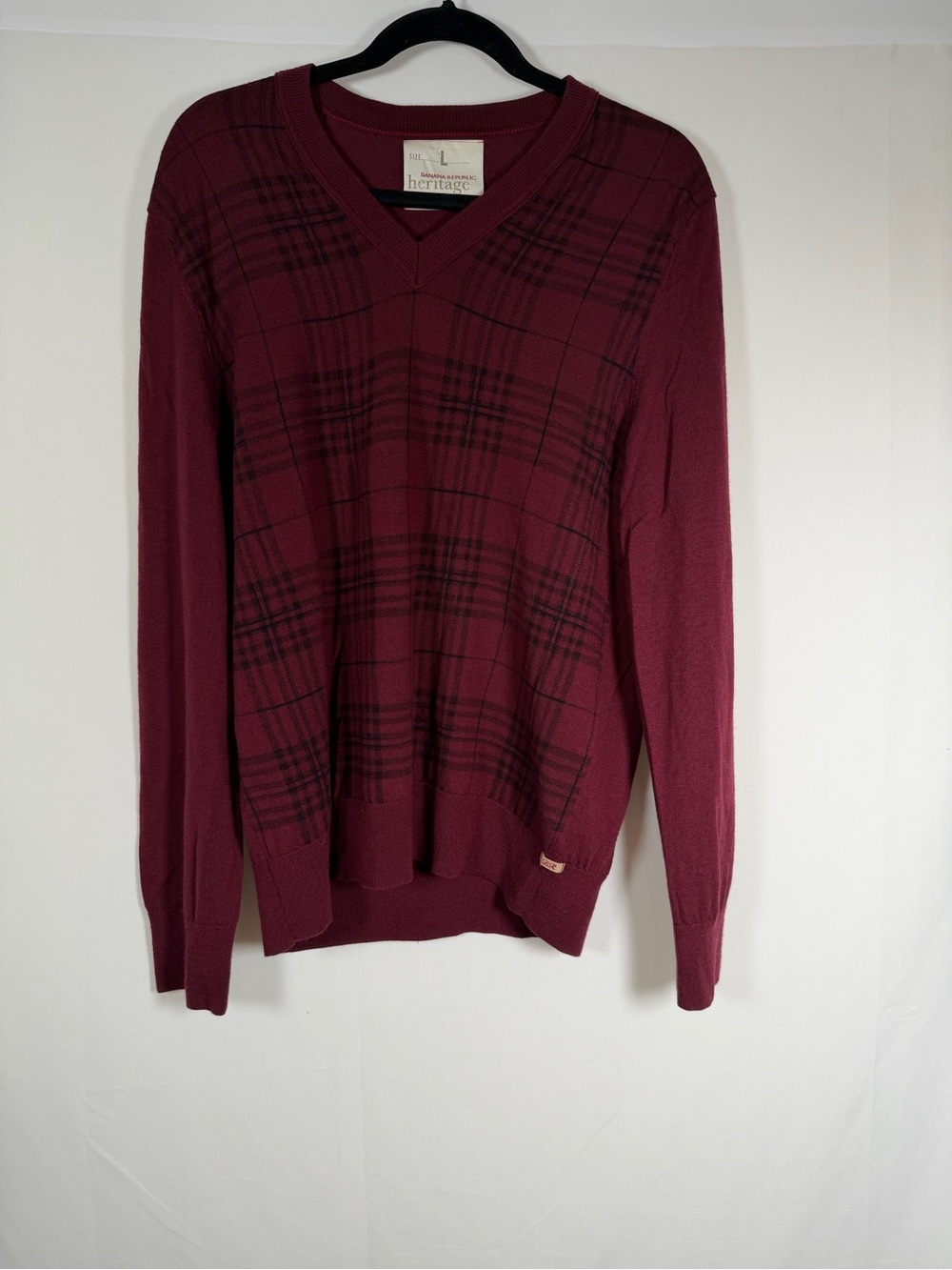 Heritage Men's V-Neck Burgundy Plaid Wool Sweater Preppy, Academia, Old Money